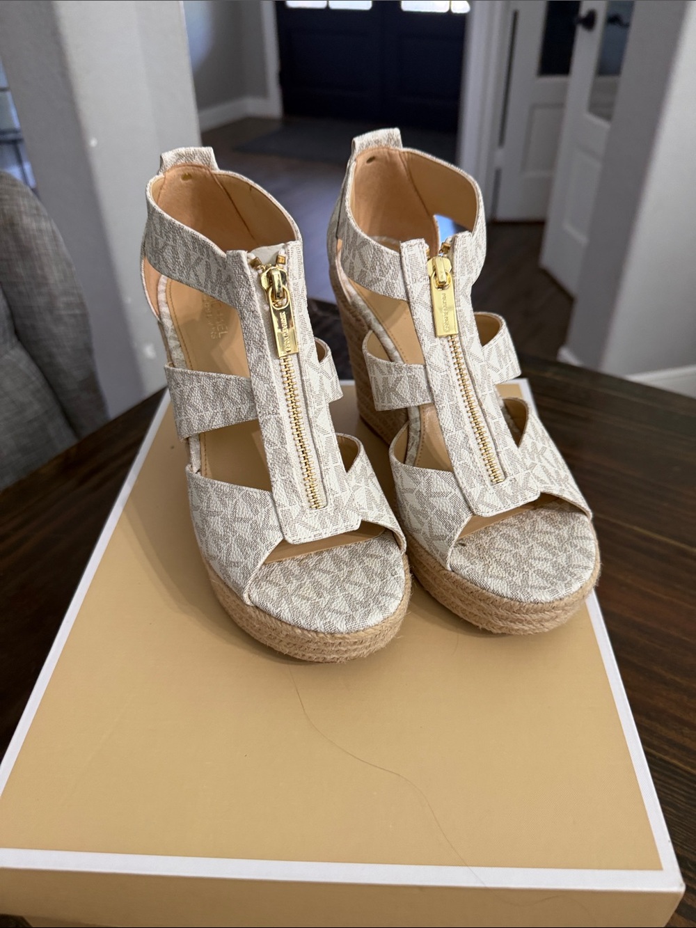 Michael Kors Cream Logo Espadrille Wedge Sandals with Gold Zip